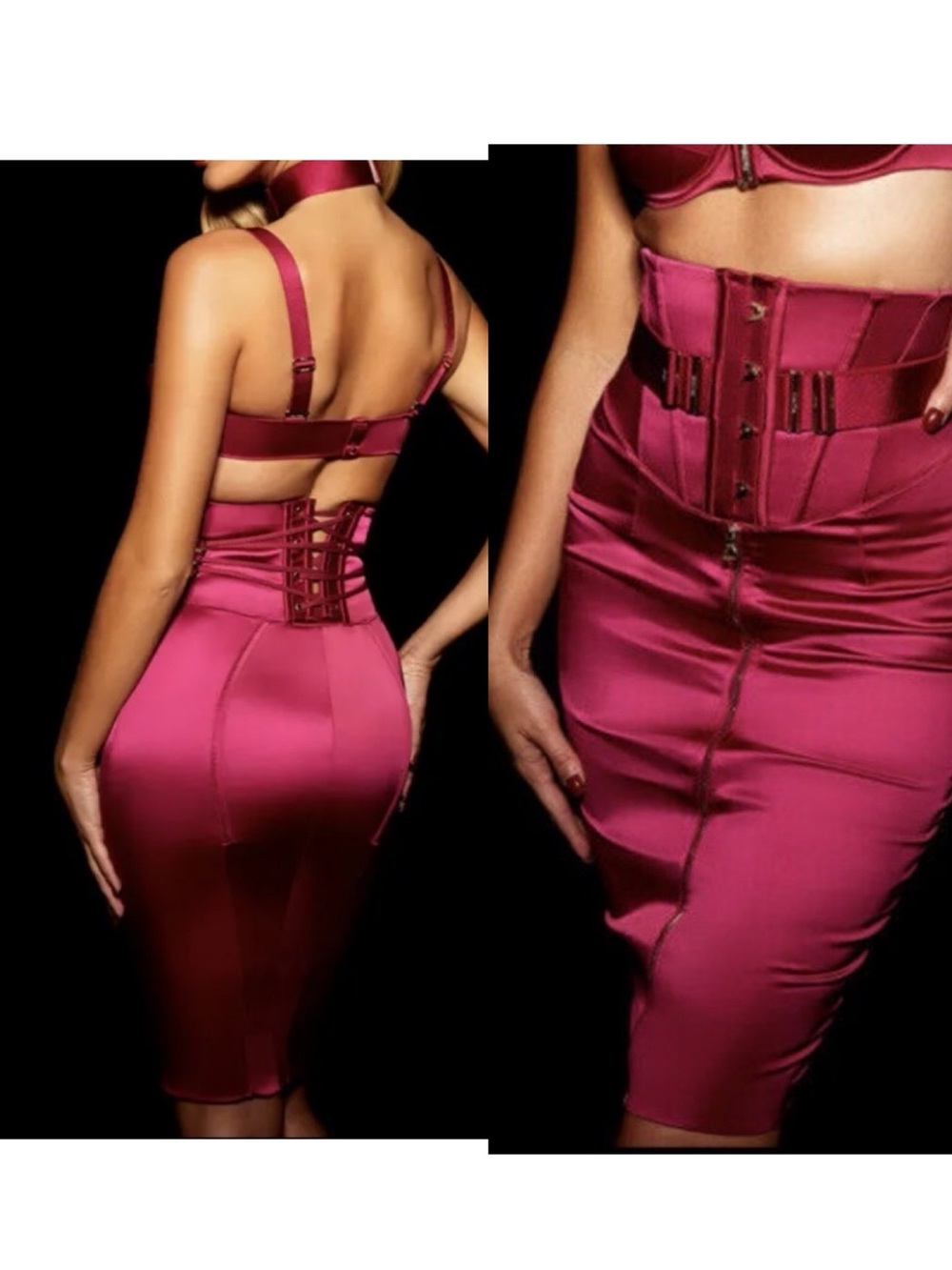 Honey Birdette Chastity Pink Fuchsia High-Waist Pencil Skirt Front Zip Medium
